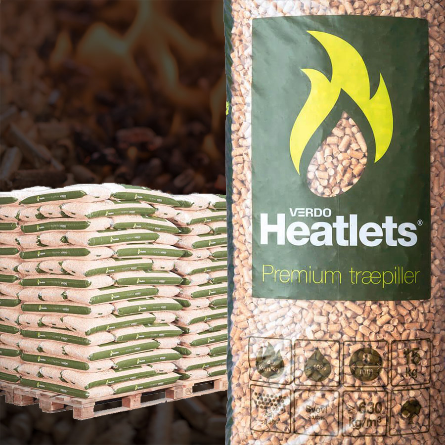 Heatlets Premium træpiller - 8 mm, 15 kg/900 kg